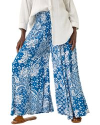 Roman - Printed Shirred Wide Leg Trouser - Lyst