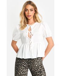 Boohoo - Textured Tie Front Puff Sleeve Smock Top - Lyst
