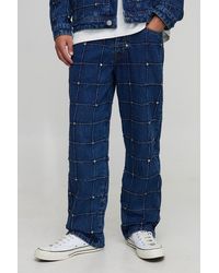 BoohooMAN - Straight Fit Checkerboard Rivet Embellished Jeans - Lyst
