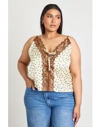 Boohoo - Plus Polka Dot Satin Tie Lace Cami Top - Lyst
