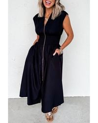 Azura Exchange - Zwarte Mouwloze Maxi-jurk Met Rits Aan De Voorkant En V-hals, Rimpel Taille - Lyst