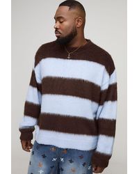 BoohooMAN - Plus Oversized Boxy Crew Neck Brushed Knit Chunky Stripe Sweater - Lyst