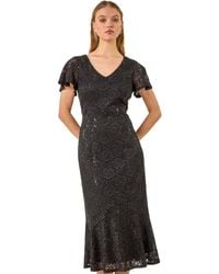 Roman - Sequin Lace Ruffle Midi Dress - Lyst