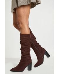 Boohoo - Faux Suede Ruched Slouchy Mid Block Heel Knee High Boots - Lyst