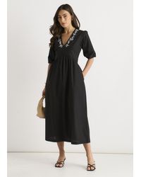 Gini London - Puff Sleeve Cotton Embroidered Midi Dress - Lyst