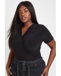 Boohoo - Plus Double Layer Slinky Super Cowl Neck Short Sleeve Ruched Top - Lyst