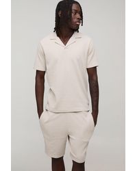 BoohooMAN - Slim Fit Waffle Revere Polo & Shorts Set - Lyst
