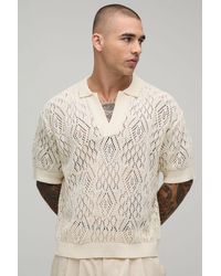 BoohooMAN - Oversized Boxy Diamond Crochet Cotton Blend Knitted Polo - Lyst
