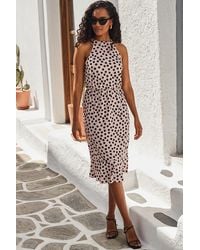 Sosandar - Cream & Spot Print Stretch Waist Halter Neck Jersey Dress - Lyst