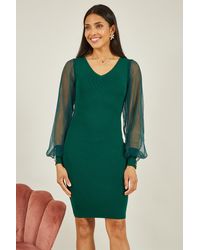 Yumi' - Knitted Body Con Dress With Chiffon Sleeve Viscose - Lyst