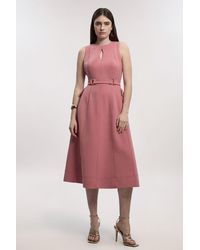 Karen Millen - Compact Stretch Belted Seamed Full Skirted Midi Dress - Lyst