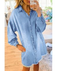 Azura Exchange - Denim Button Down Dress With Frayed Hem Cotton - Lyst