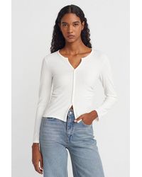 Dilvin - Slim Fit Ribbed Button-Front Blouse - Lyst