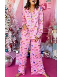 Azura Exchange - Roze Cheeta Print Overhemd En Broek Pyjama Set - Lyst
