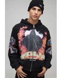BoohooMAN - Oversized Boxy Acid Wash Gothic Graphic Zip Through Hoodie - Lyst