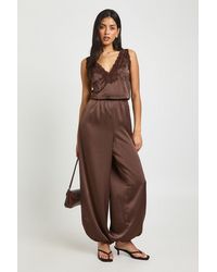 Boohoo - Satin Lace Trim Hareem Trouser Jumpsuit - Lyst
