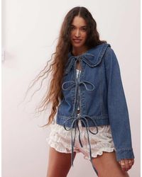 Miss Selfridge - Tie Front Frill Denim Collar Jacket - Lyst