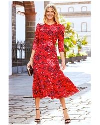 Sosandar - Red Animal Print Ruffle Hem Fit & Flare Midi Dress - Lyst