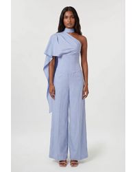 Karen Millen - Premium Tailored Linen High Neck One Shoulder Wide Leg Jumpsuit - Lyst