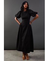 Warehouse - Seersucker Organza Godet Side Puff Sleeve Midi Dress - Lyst
