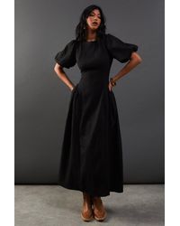 Warehouse - Seersucker Organza Godet Side Puff Sleeve Midi Dress - Lyst