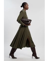 Karen Millen - Pleated Detail Cotton Long Sleeve Woven Midi Dress - Lyst