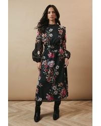 Oasis - Floral Organza Shirred Waist Tie Back Midi Dress - Lyst