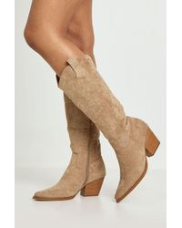 Boohoo - Faux Suede Embroidered Knee High Western Boots - Lyst