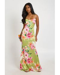 Boohoo - Floral Print Cowl Neck Satin Maxi Dress - Lyst
