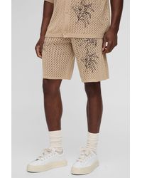 BoohooMAN - Relaxed Fit Embroidered Crochet Look Knitted Short - Lyst