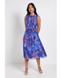 Wallis - Petite Floral Pleat Detail Belted Midi Dress - Lyst