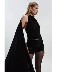 Karen Millen - Stretch Velvet High Neck Cape Shoulder Bodysuit - Lyst