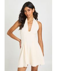 Boohoo - Linen Look Ruched Bust Halterneck Mini Dress - Lyst