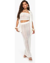 Boohoo - Crochet Oversized Shirt, Bandeau Top And Maxi Skirt Set - Lyst