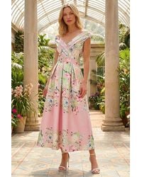 Roman - Floral Print Bardot Midi Stretch Dress - Lyst