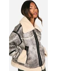 Boohoo - Vintage Look Teddy Trim Aviator Jacket - Lyst