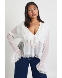 Boohoo - Plus Lace Trim Chiffon Ruffle Blouse - Lyst