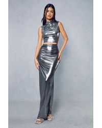 MissPap - Metallic Slinky Ruched Side Maxi Skirt - Lyst