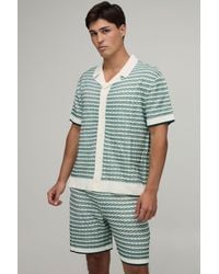 BoohooMAN - Relaxed Open Stitch Striped Knitted Shirt And Short Set - Lyst