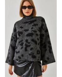 Bianco Lucci - Relaxed Fit Leopard Print Half Turtleneck Sweater - Lyst