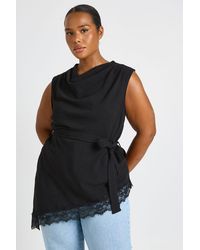 Boohoo - Plus Cowl Neck Tie Waist Lace Hem Asymmetric Top - Lyst
