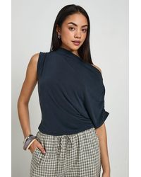 Boohoo - Cupro Ruched Asymmetric Sleeve Drape Top - Lyst