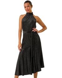 Roman - Velvet Halter Neck Ruffle Hem Midi Dress - Lyst