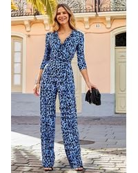 Sosandar - Animal Print Ruffle Detail Wrap Jumpsuit Viscose - Lyst