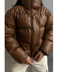 Hiccup - Faux Leather Stand Collar Buttoned Puffer Jacket - Lyst