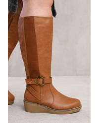 Where's That From - Wheres 'Ayleen' Wide Calf Wedge Heel Knee High Boots With Elastic Panel - Lyst