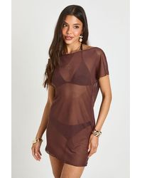 Boohoo - Sheer Mesh Asym Cowl Back Mini Beach Dress - Lyst