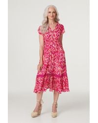 Izabel London - Printed V-Neck Tiered Midi Dress Viscose - Lyst