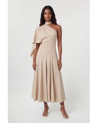Karen Millen - Premium Tailored Linen High Neck One Shoulder Full Midi Dress - Lyst
