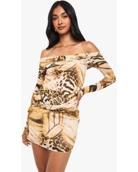 Boohoo - Abstract Mesh Twist Front Bardot Mini Dress - Lyst